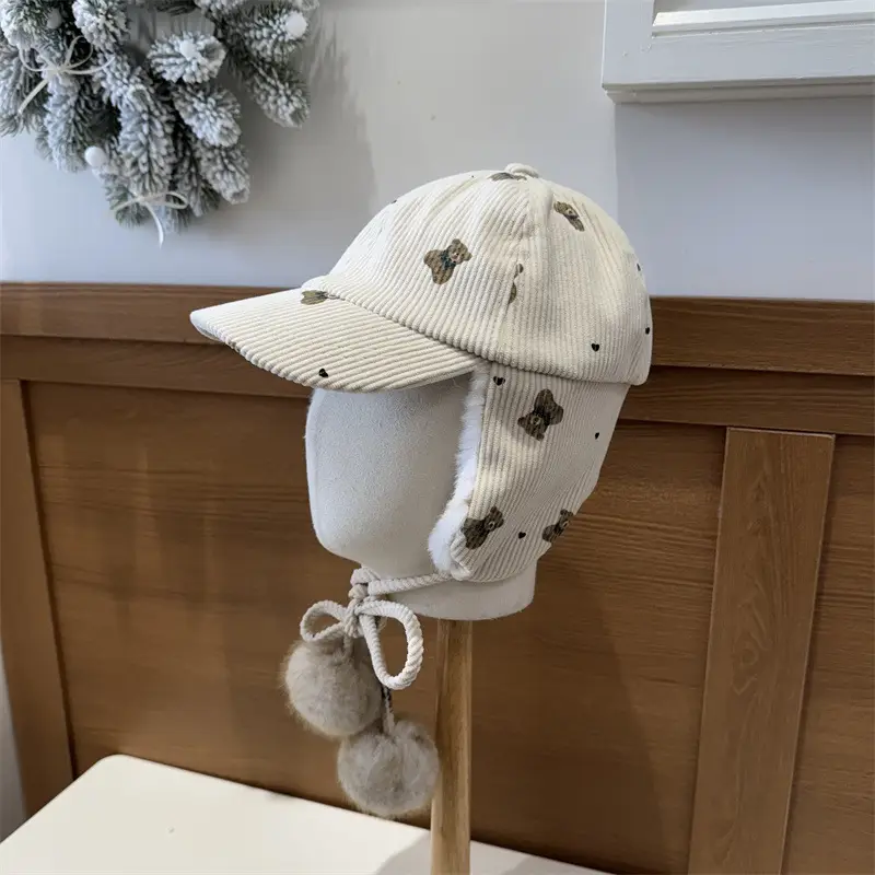 Winter Bear Print Plush Cap for Women Face-Slimming Duckbill Cap