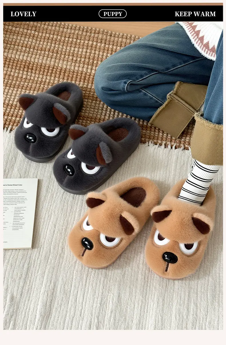Angry Puppy Plush Cotton Slippers for Men Winter Warm Indoor Home — feature 1