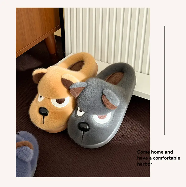 Angry Puppy Plush Cotton Slippers for Men Winter Warm Indoor Home — feature 10