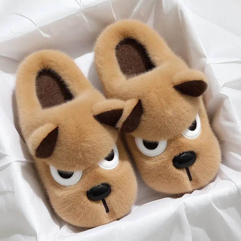 Angry Puppy Plush Cotton Slippers for Men Winter Warm Indoor Home - Image 2
