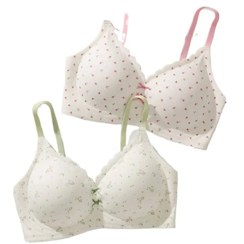 Lace Contrasting Floral Underwear for Women with Small Breasts, Push-Up and Side Breast Reduction, Seamless and Wire-Free Bra