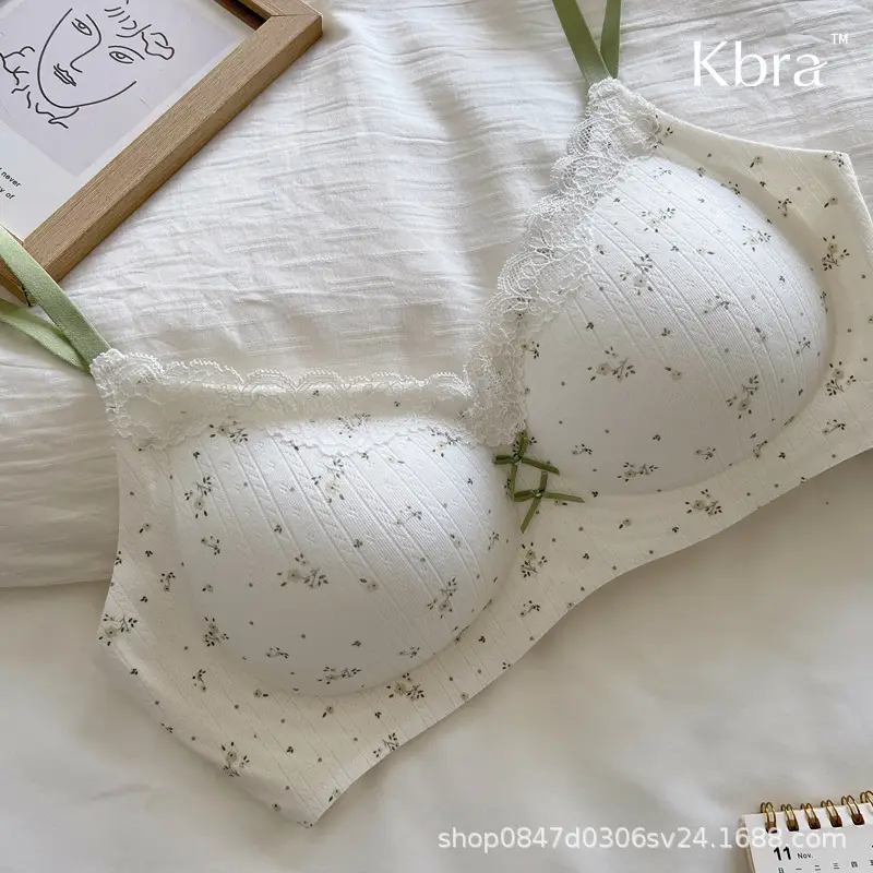 Lace Contrasting Floral Underwear for Women with Small Breasts, Push-Up and Side Breast Reduction, Seamless and Wire-Free Bra