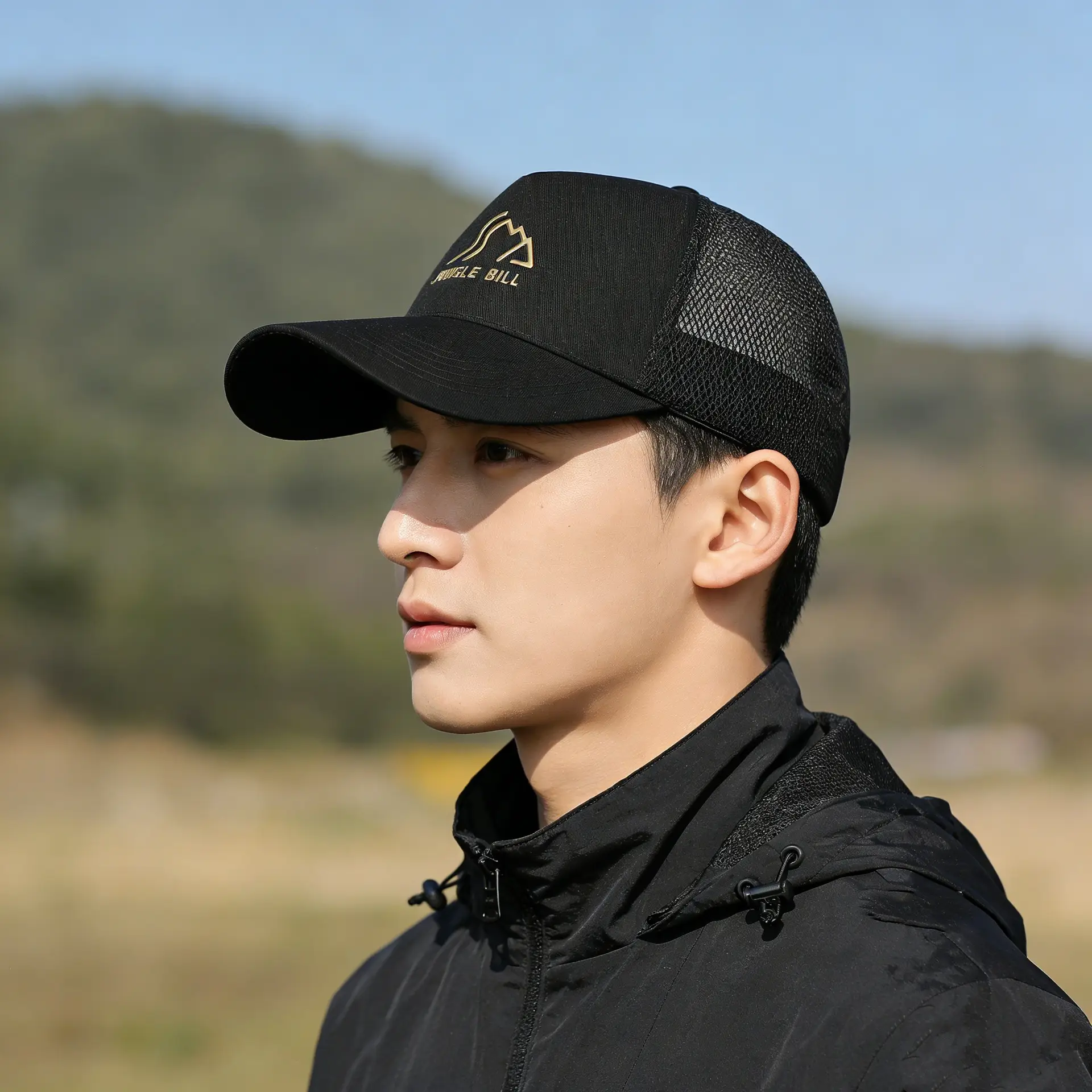 Men's Black Mesh Baseball Cap with Gold Logo - Image 4