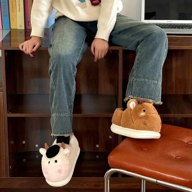 Cow and Horse Fleece Lined Slippers for Men Women Winter Warm - Image 3