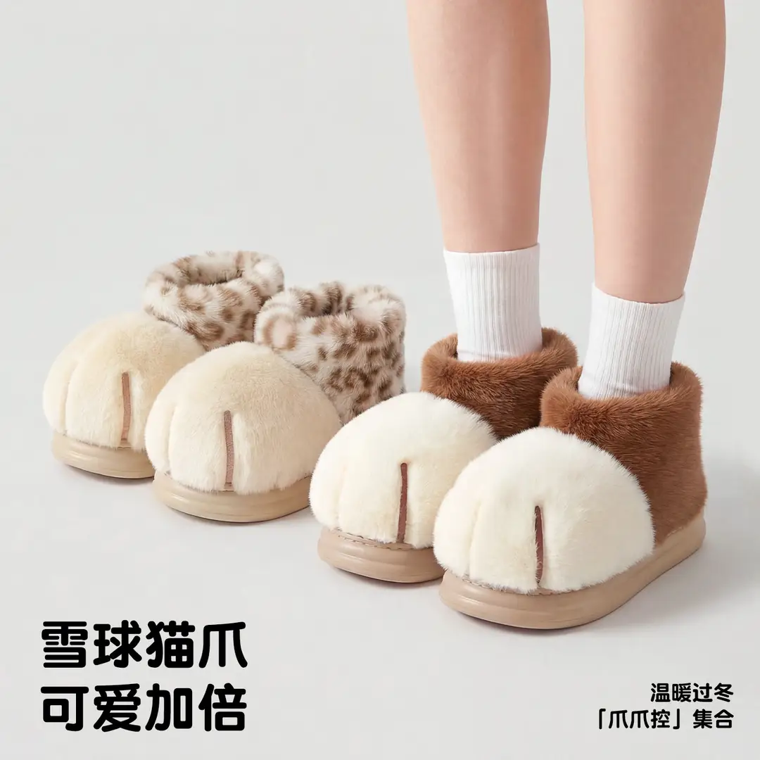 Thick-Soled Cat Paw Cotton Slippers for Women and Couples, Winter Indoor Home Slippers, Mid-Tube Plush Slippers for Outdoor Wear in Autumn and Winter for Men - Image 6