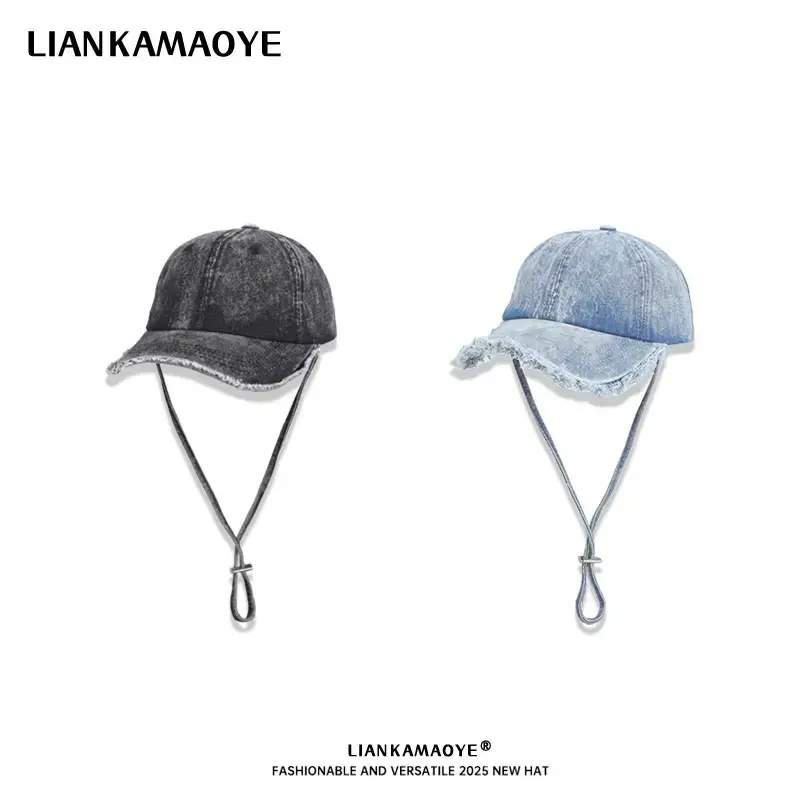 Denim Baseball Cap with Windproof Rope, Light Blue - Image 4