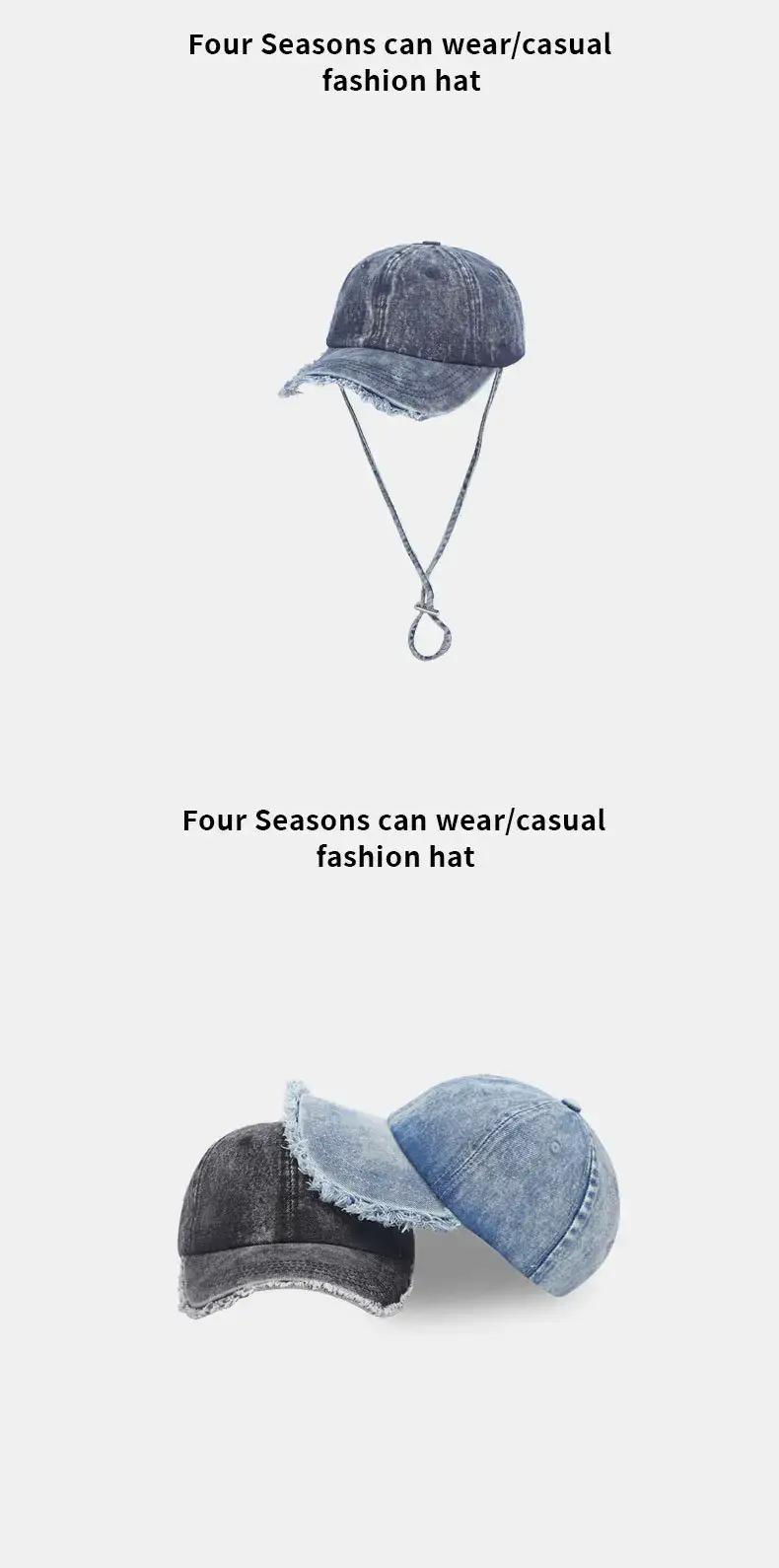 Denim Baseball Cap with Windproof Rope, Light Blue — feature 10