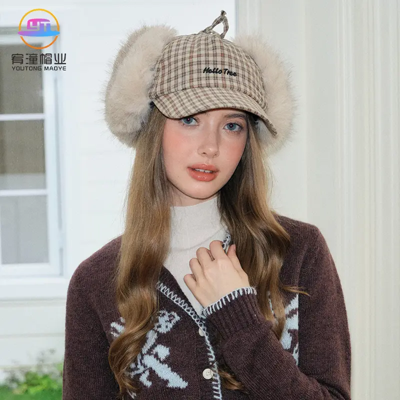Women Plaid Earflap Cap Warm Winter Cap - Image 3