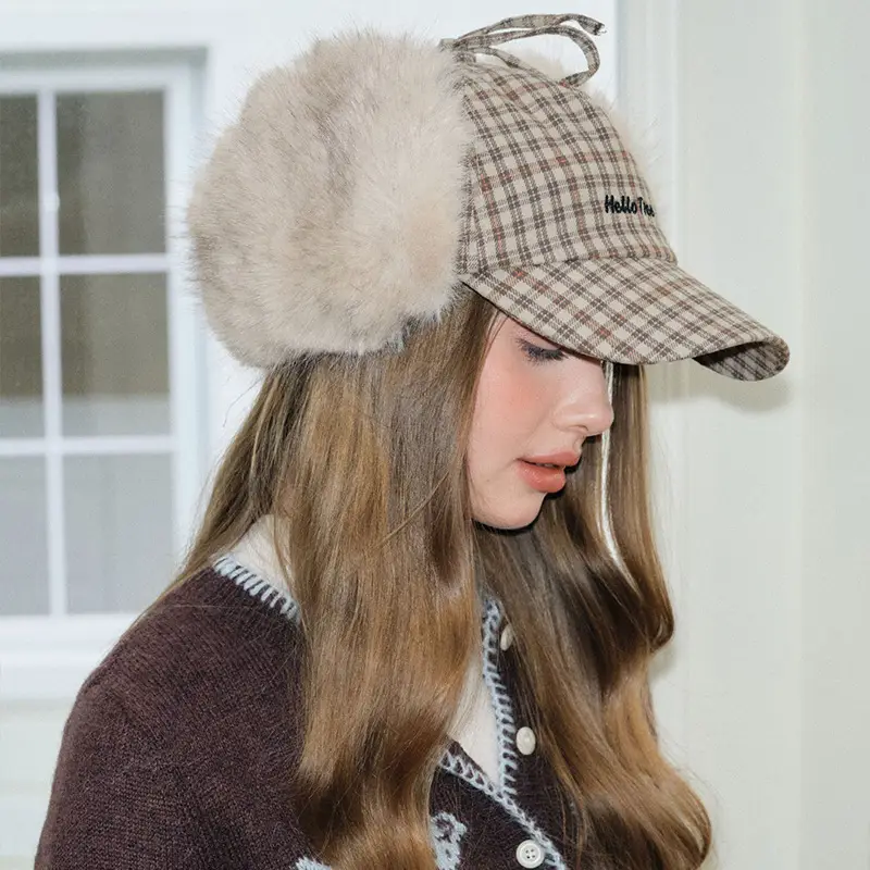 Women Plaid Earflap Cap Warm Winter Cap - Image 4