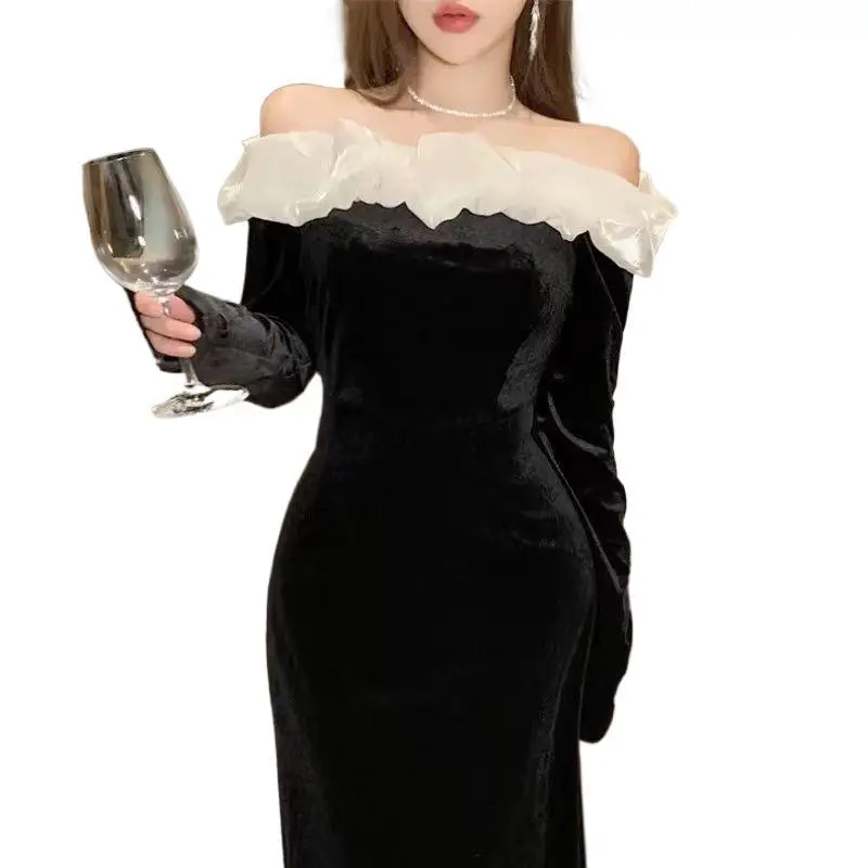New French-Style Retro Black Velvet Patchwork Dress, Autumn and Winter Off-The-Shoulder Elegant Long Dress