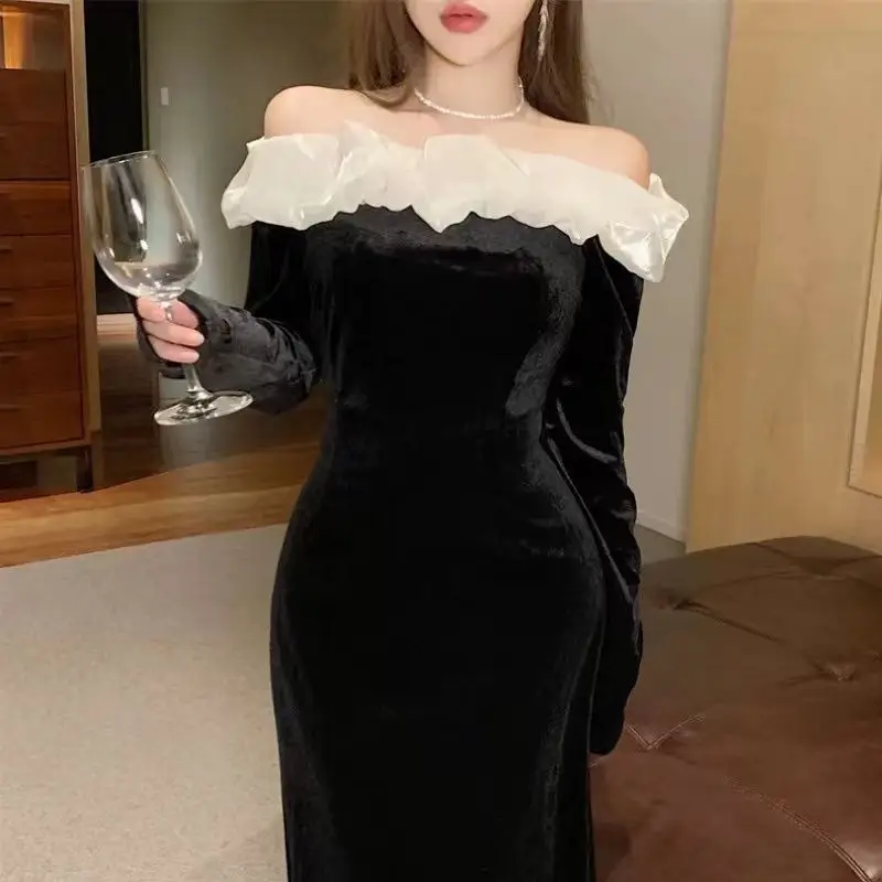 New French-Style Retro Black Velvet Patchwork Dress, Autumn and Winter Off-The-Shoulder Elegant Long Dress — feature 1