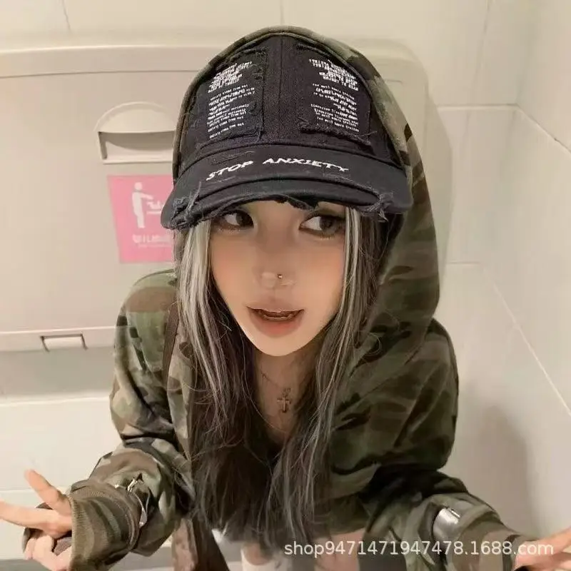 Women White Graphic Cap Wide Bristle Korean Style - Image 2