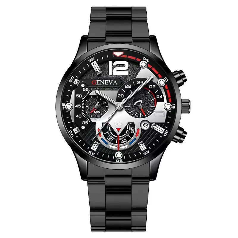 Cross-Border Hot-Selling Men's Steel Band Watch with Calendar, Quartz Watch, Sports Luminous Hands, Men's Wristwatch Wholesale