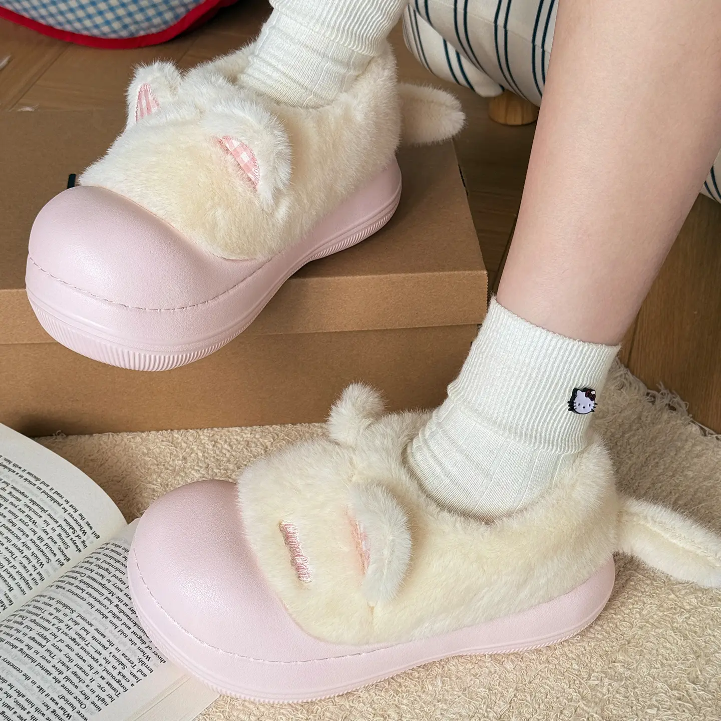 Nanbowan Soft Cat Ear Plush Shoes Winter Warm Cotton Slippers