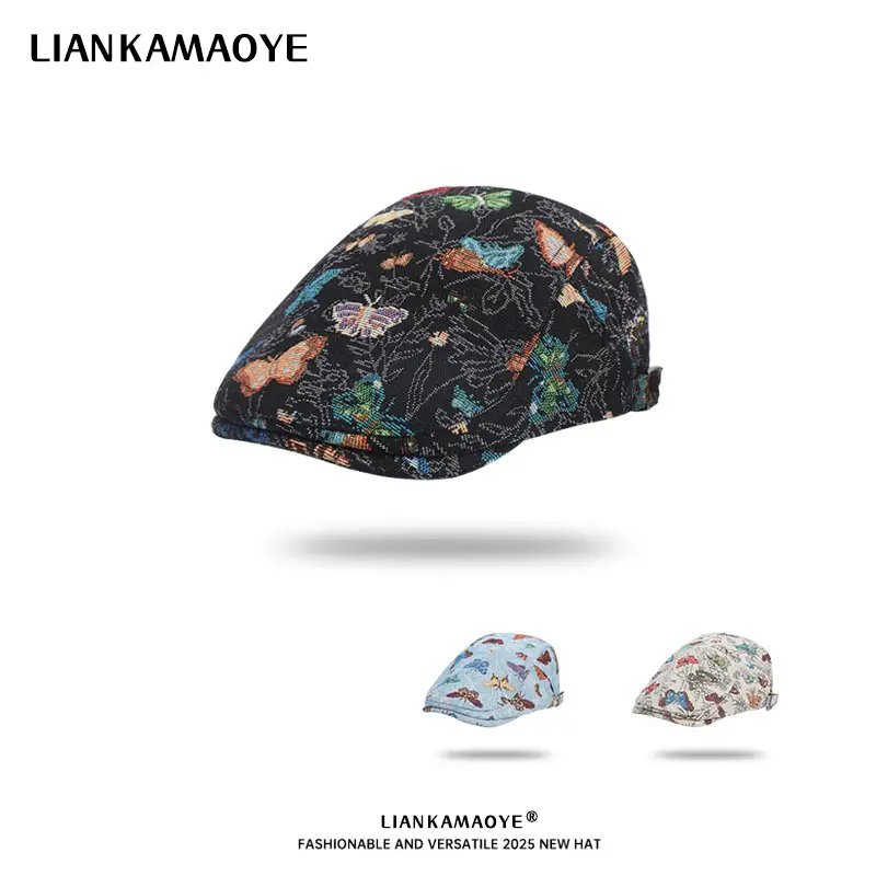 Women's Blue Butterfly Printed Beret Cap - Image 4