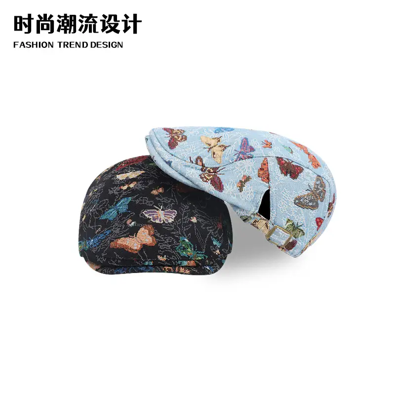 Women's Blue Butterfly Printed Beret Cap - Image 5