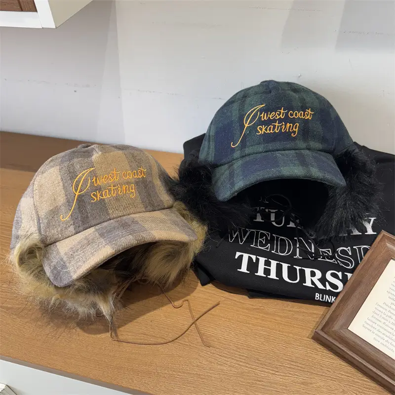 Women Plaid Embroidered Trapper Hat with Fur Trim