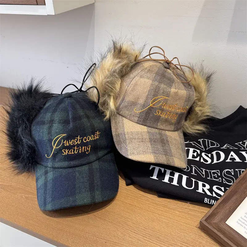Women Plaid Embroidered Trapper Hat with Fur Trim