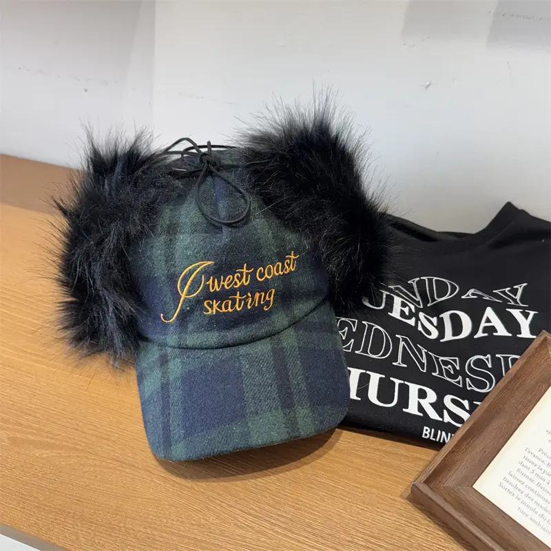 Women Plaid Embroidered Trapper Hat with Fur Trim