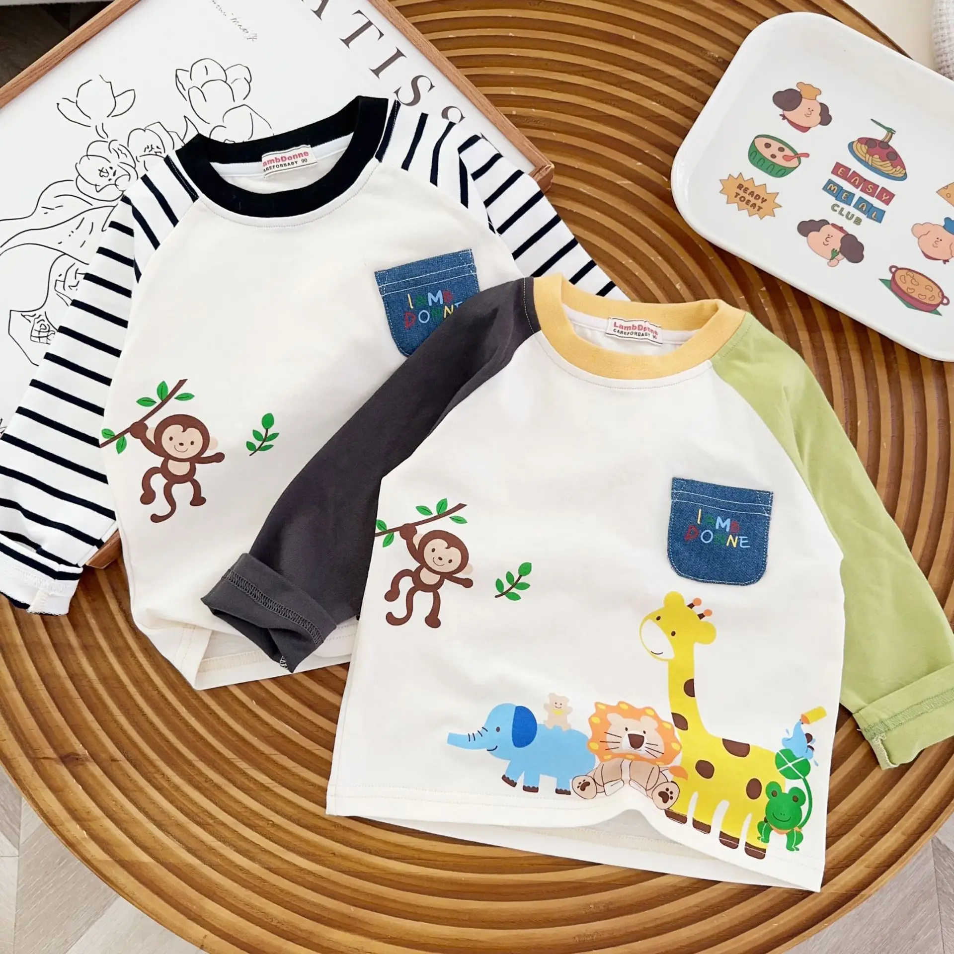 Beige Kids Long Sleeve T-Shirt with Animal Print