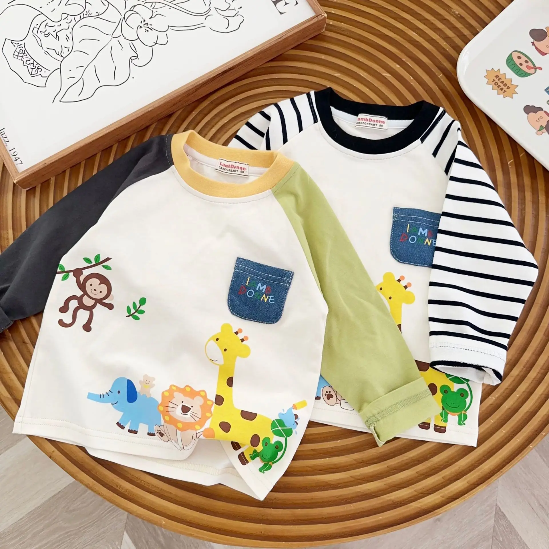 Beige Kids Long Sleeve T-Shirt with Animal Print — feature 10