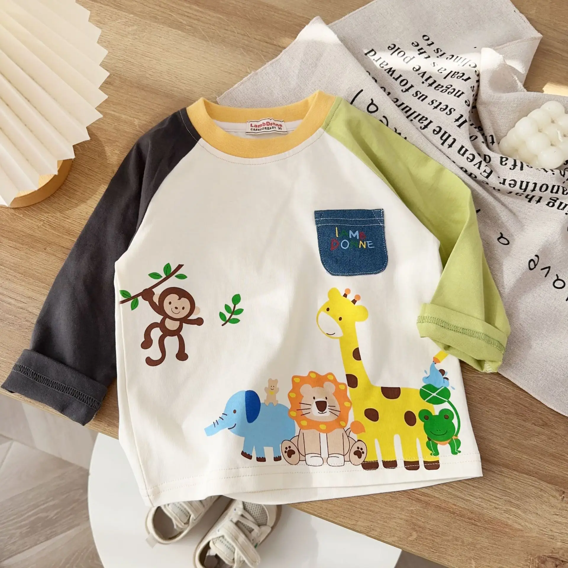 Beige Kids Long Sleeve T-Shirt with Animal Print — feature 11