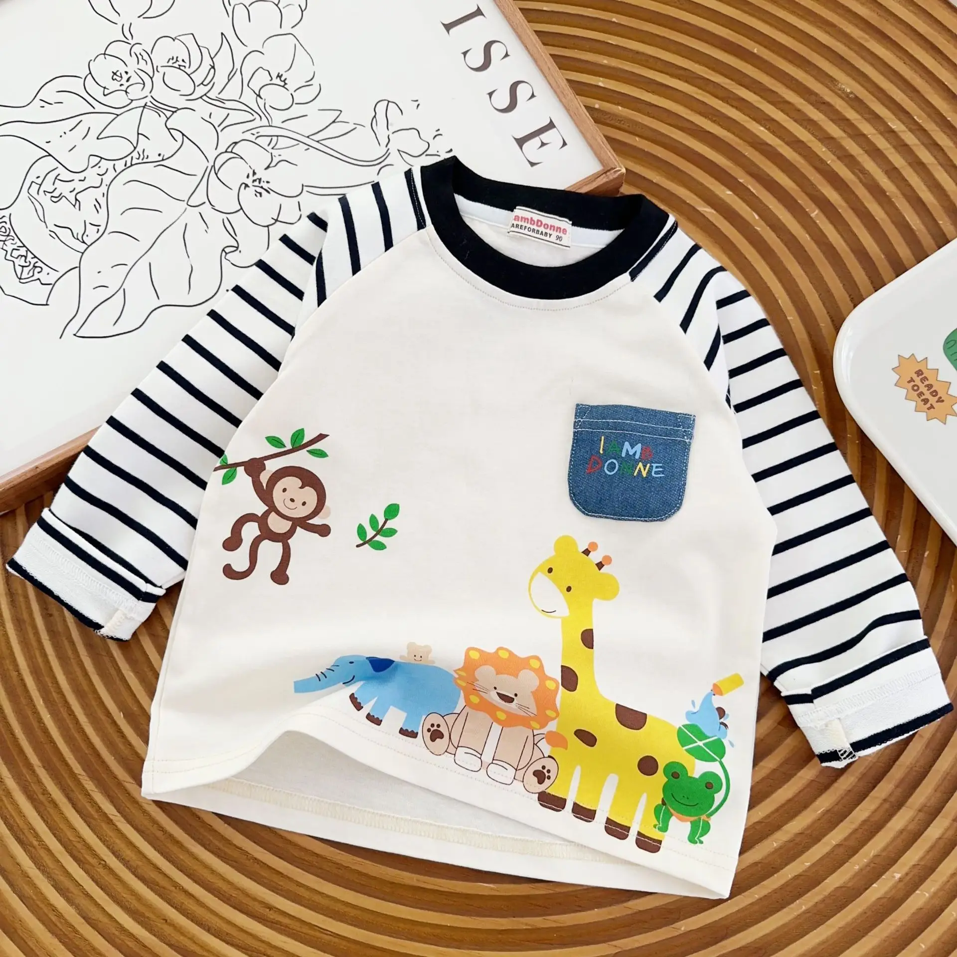 Beige Kids Long Sleeve T-Shirt with Animal Print — feature 12