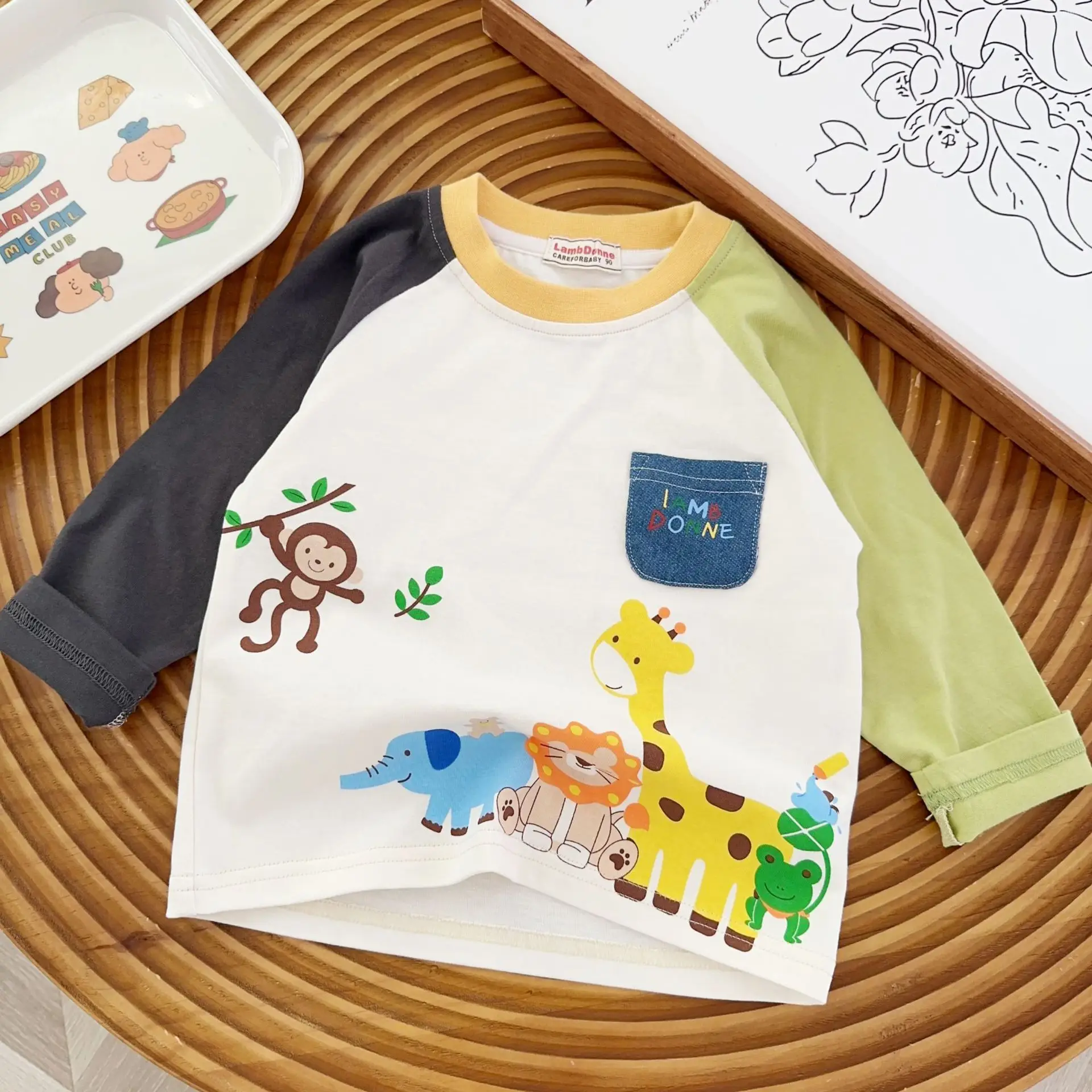 Beige Kids Long Sleeve T-Shirt with Animal Print — feature 13