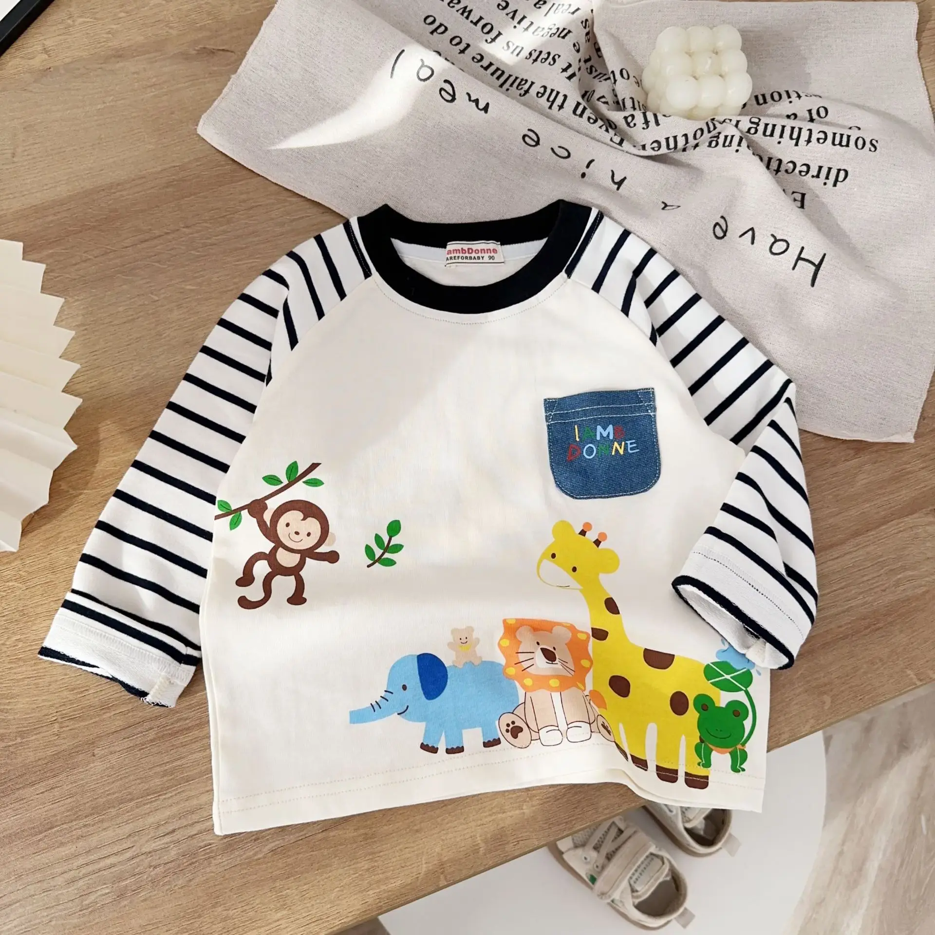 Beige Kids Long Sleeve T-Shirt with Animal Print — feature 14