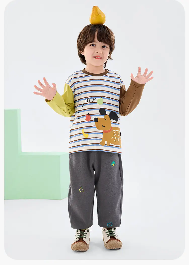 Duduja Kids Long Sleeve T-Shirt Striped Cartoon Dog Brown Green — feature 26