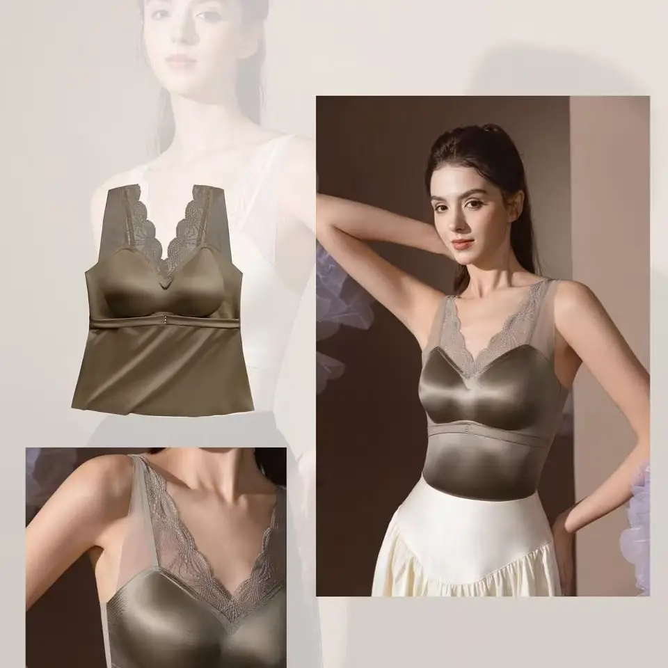 Silk Satin Backless Camisole with Anti-Exposure V-Neck, Seamless Sexy Lace Backless Undershirt Versatile Tank Top