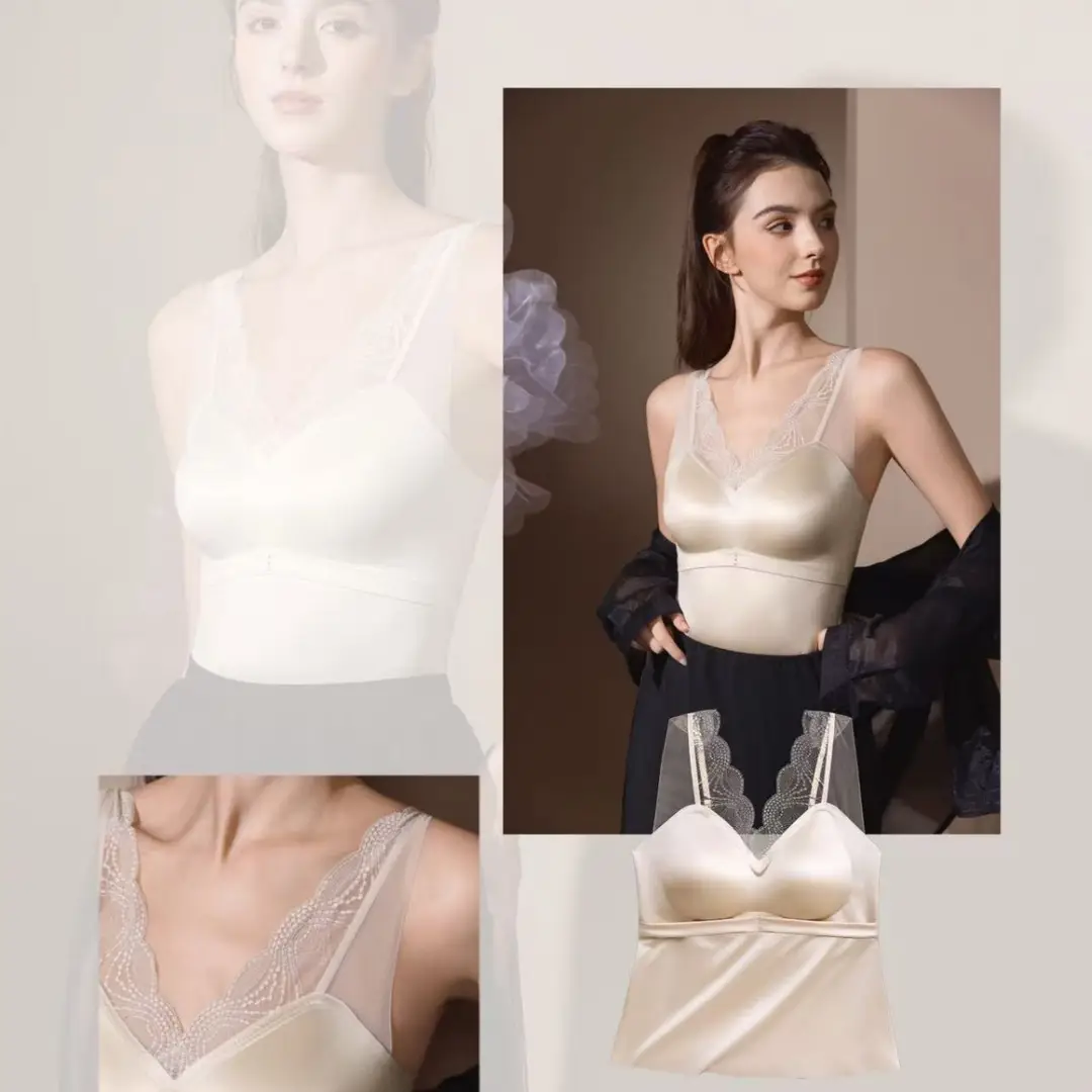 Silk Satin Backless Camisole with Anti-Exposure V-Neck, Seamless Sexy Lace Backless Undershirt Versatile Tank Top
