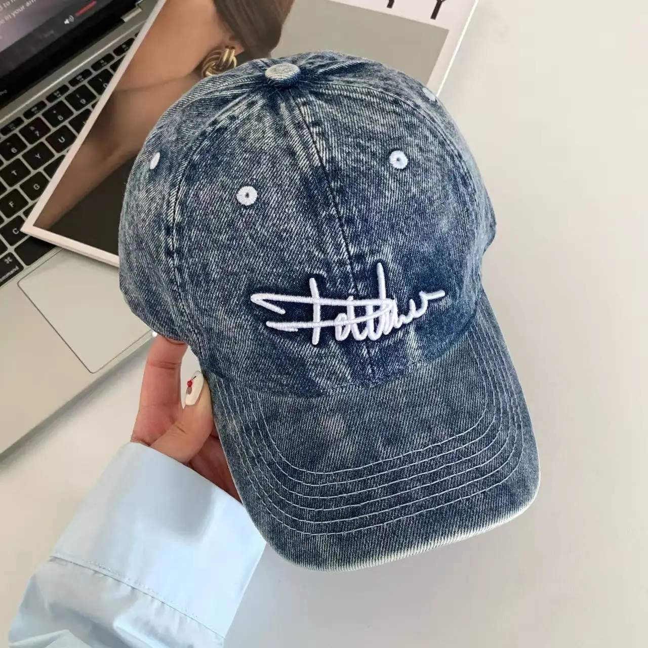 Vintage Denim Duckbill Cap for Women Summer Wide Bristle Sun Hat — feature 8