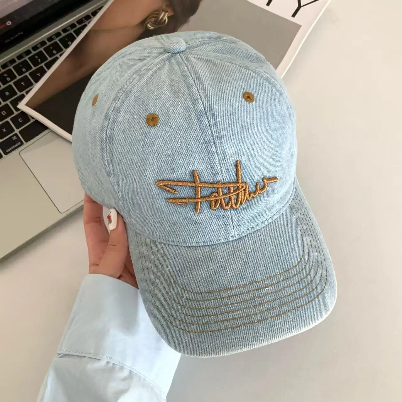 Vintage Denim Duckbill Cap for Women Summer Wide Bristle Sun Hat — feature 9