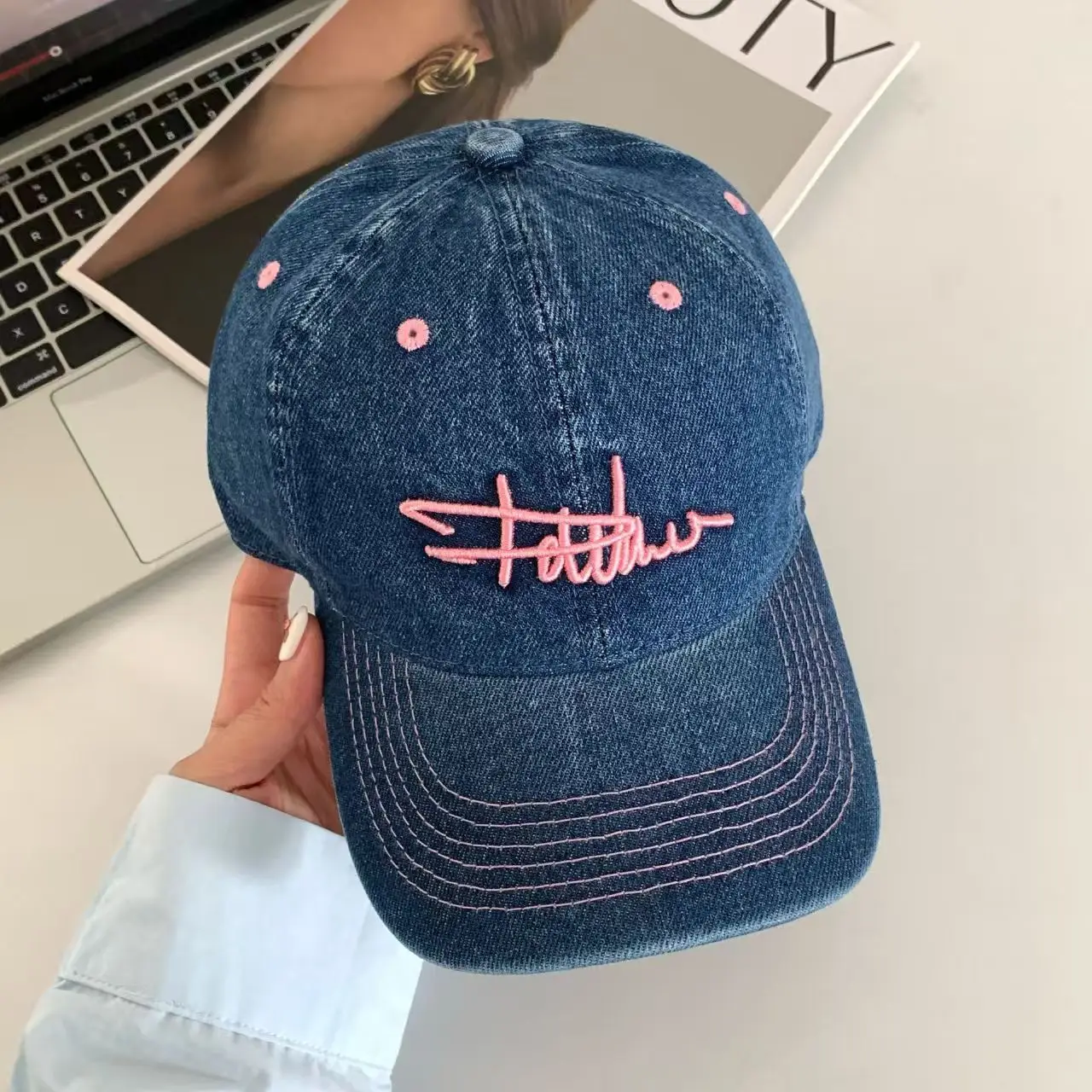 Vintage Denim Duckbill Cap for Women Summer Wide Bristle Sun Hat - Image 4