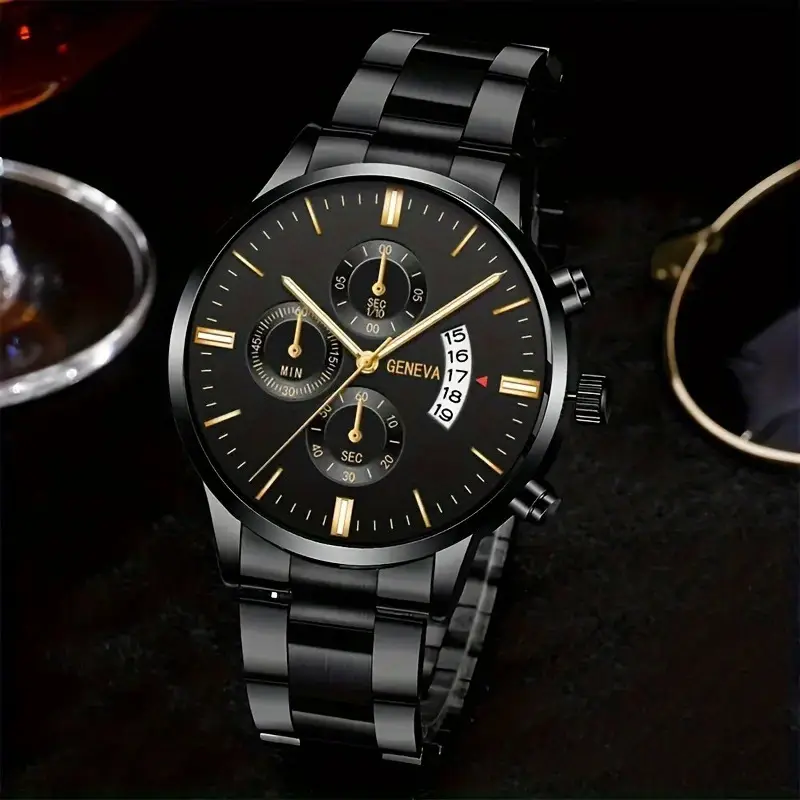 Popular Foreign Trade Men's Watches in Stock, Calendar Steel Band Quartz Watches, Fake Three-Eye Business Men's Watches Wholesale