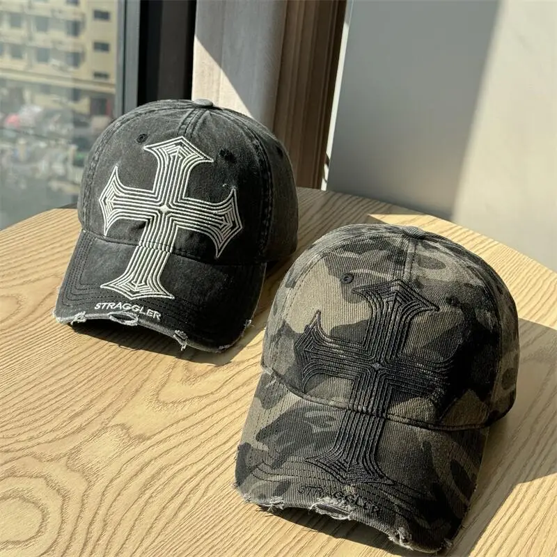 Men's American Cross Distressed Baseball Cap Black - Image 8