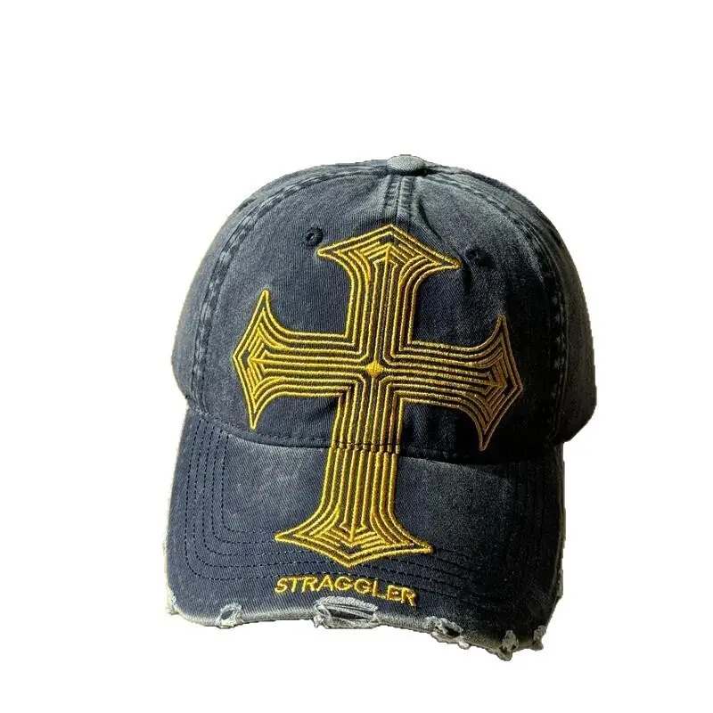 Men's American Cross Distressed Baseball Cap Black - Image 9