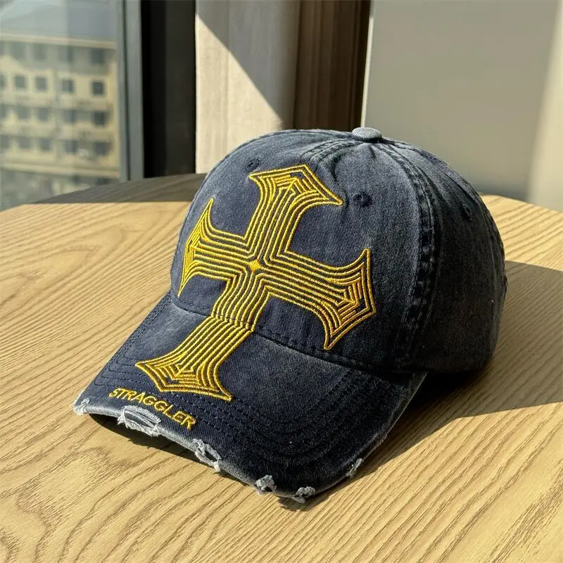 Men's American Cross Distressed Baseball Cap Black - Image 3