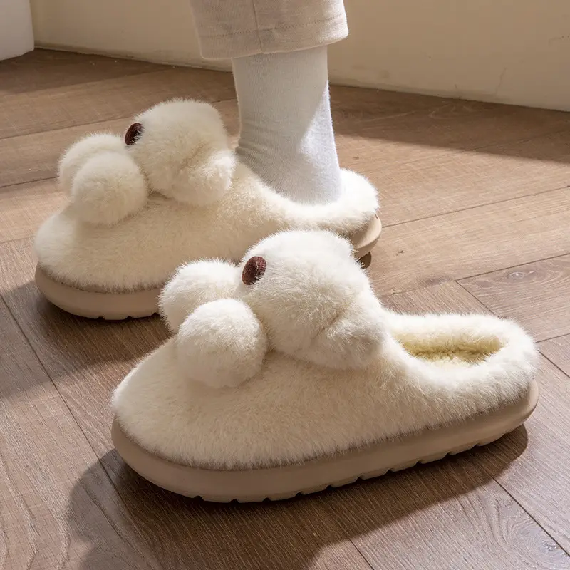 Winter Women's Cartoon Bear Plush Slippers White - Image 5