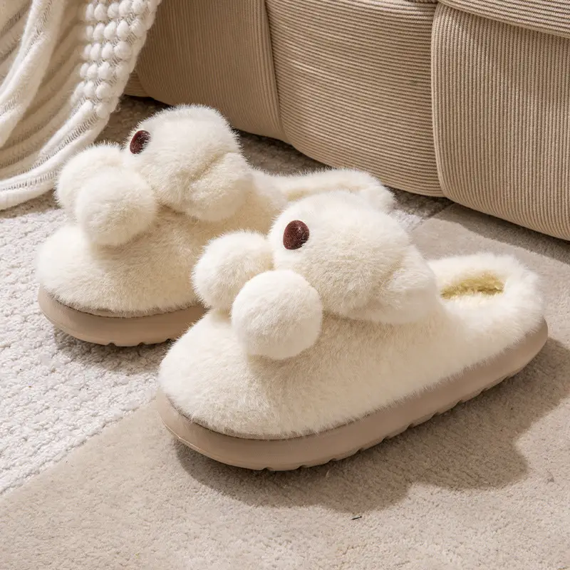 Winter Women's Cartoon Bear Plush Slippers White - Image 6
