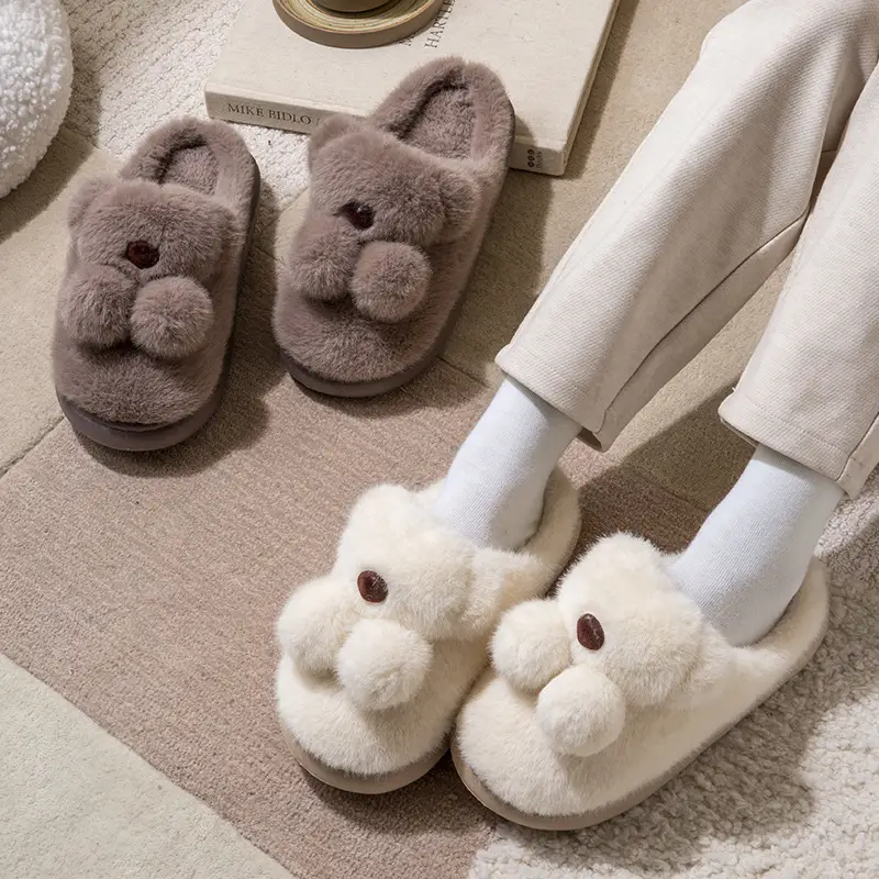 Winter Women's Cartoon Bear Plush Slippers White - Image 8