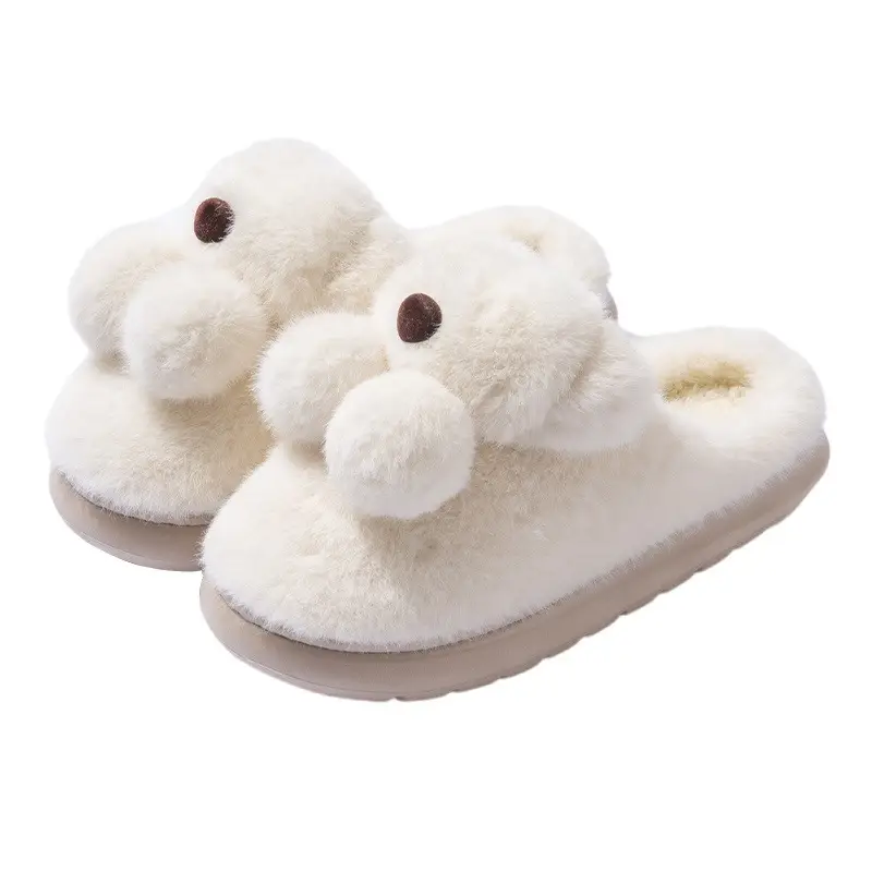 Winter Women's Cartoon Bear Plush Slippers White - Image 9