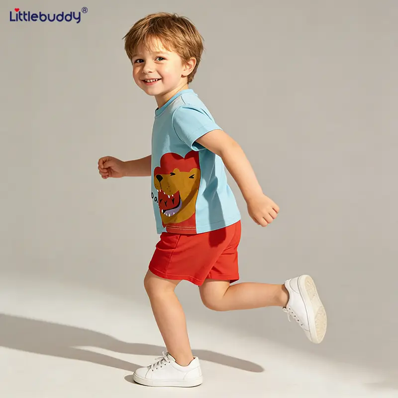 Boys Printed T-Shirt Shorts Set Summer Light Blue Orange - Image 3