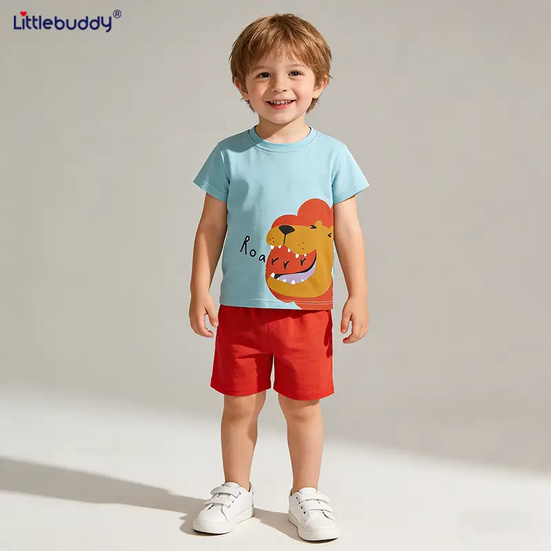 Boys Printed T-Shirt Shorts Set Summer Light Blue Orange - Image 4