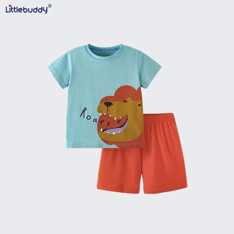 Boys Printed T-Shirt Shorts Set Summer Light Blue Orange - Image 5