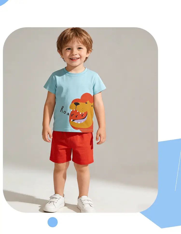 Boys Printed T-Shirt Shorts Set Summer Light Blue Orange — feature 6
