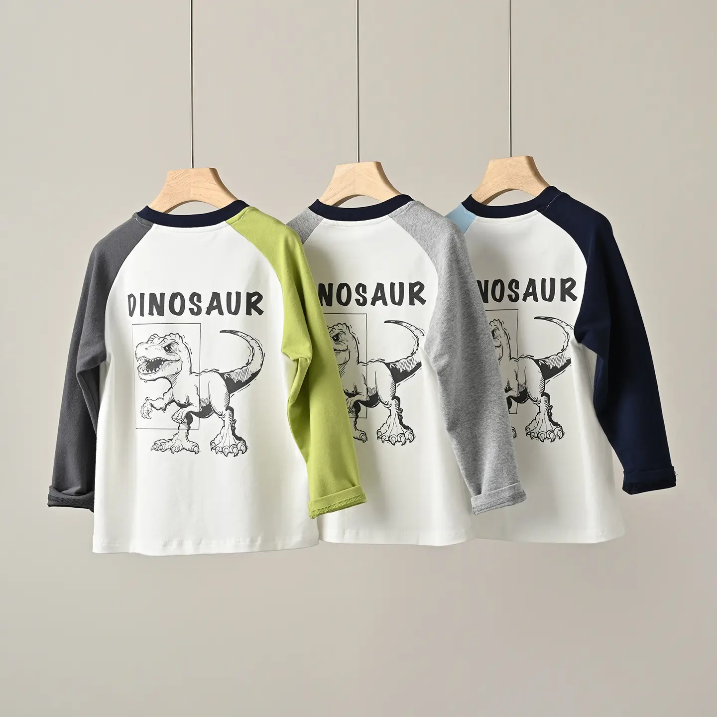 Children's Cartoon Dinosaur Raglan Sleeve T-Shirt White Black Green - Image 6