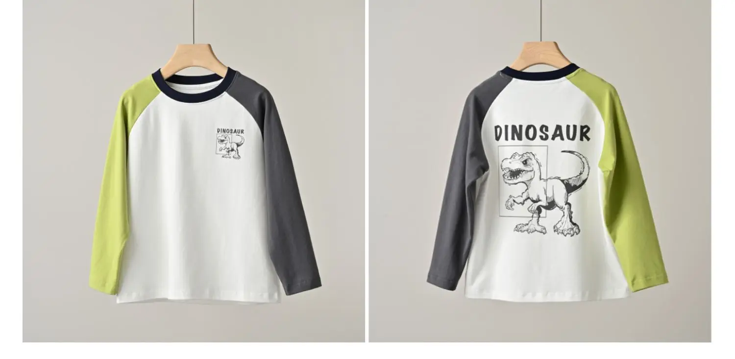 Children's Cartoon Dinosaur Raglan Sleeve T-Shirt White Black Green — feature 24
