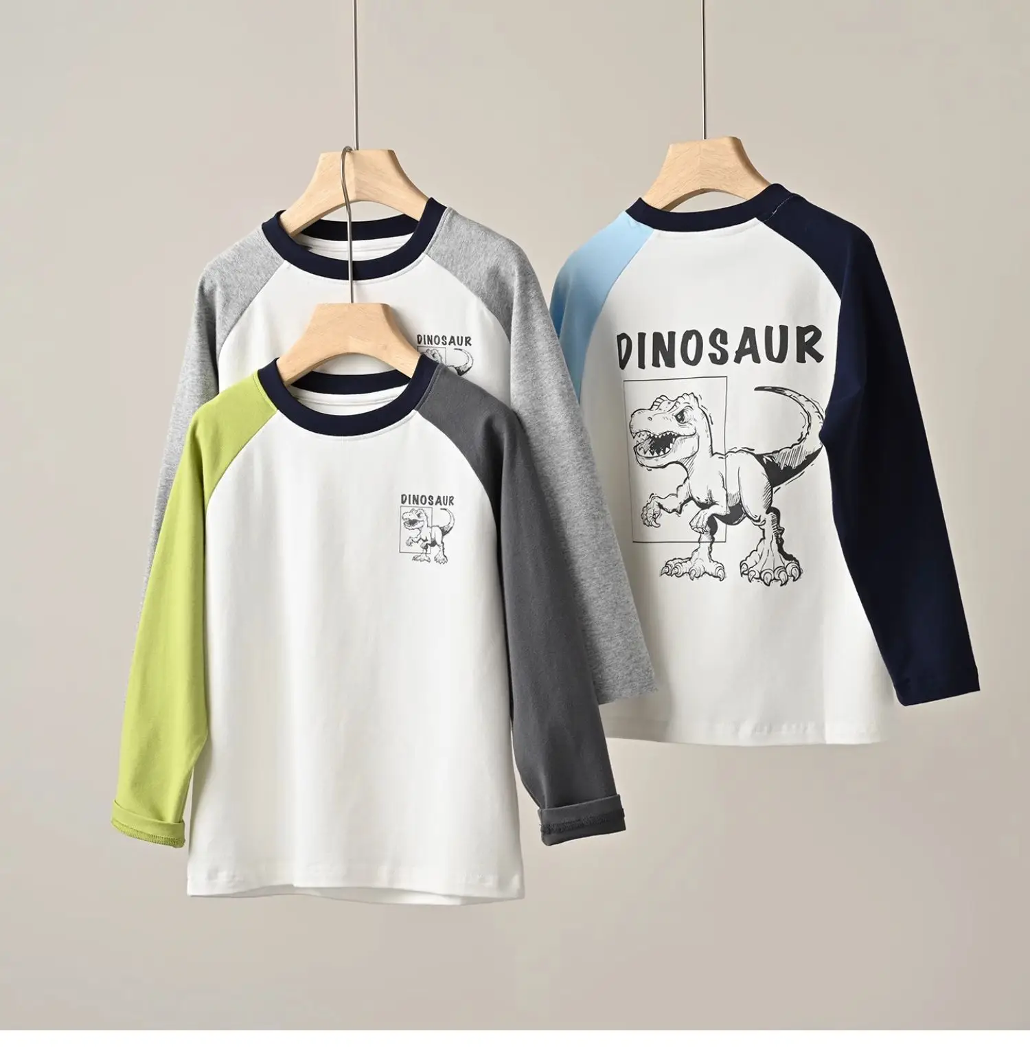 Children's Cartoon Dinosaur Raglan Sleeve T-Shirt White Black Green — feature 28